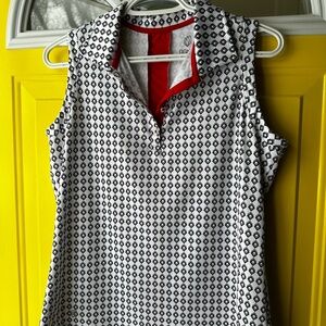 GG blue Sleeveless White Golf Top with Black Geo Print and Red Trim